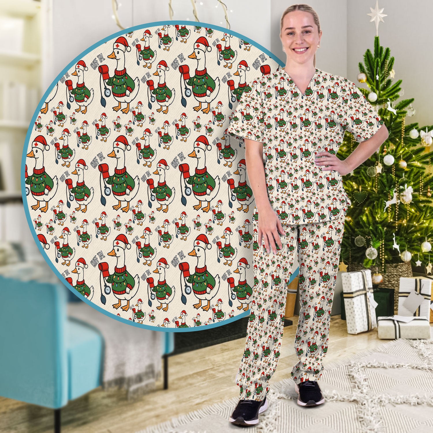 Nurse Christmas Duck Scrub Set, Cute Goose Pattern Scrub Uniform, RN LPN CNA Nursing Uniform