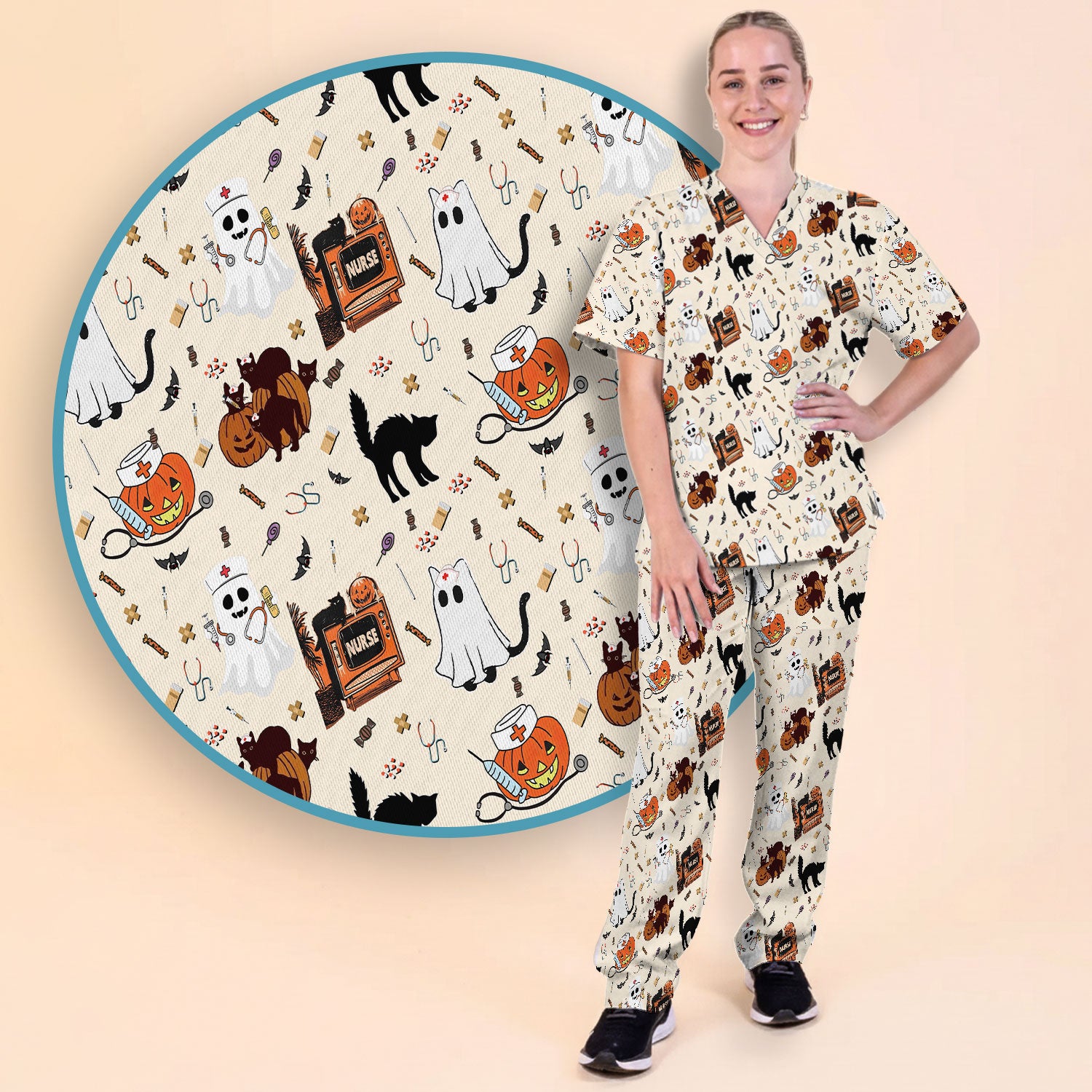 Halloween Scrub Set for Nurse - Cute Pumpkin Ghost Cat Medical Pants and V Neck Top - Spooky Uniform for Women RN CNA LPN