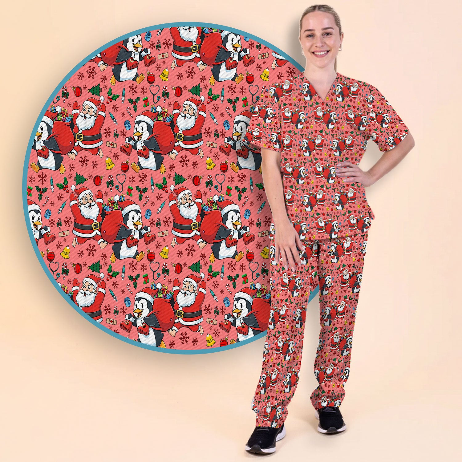 Funny Penguin Christmas Scrub Set - Santa Holiday Nurse Uniform for Women - Medical Gift for RN CNA LPN
