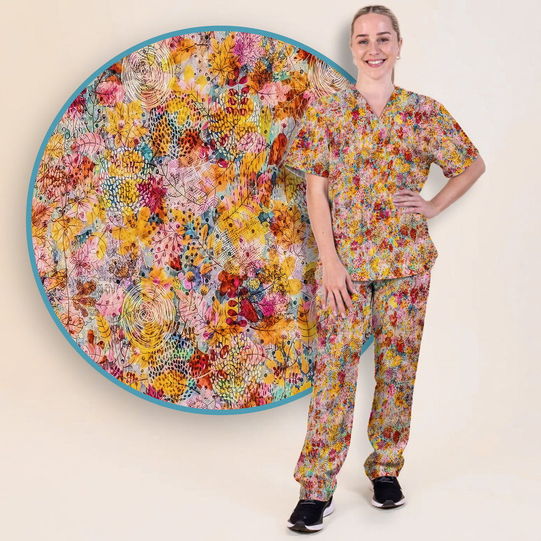 Autumn Floral Leaves Pattern Scrub Set, Scrub Pants and V Neck Top