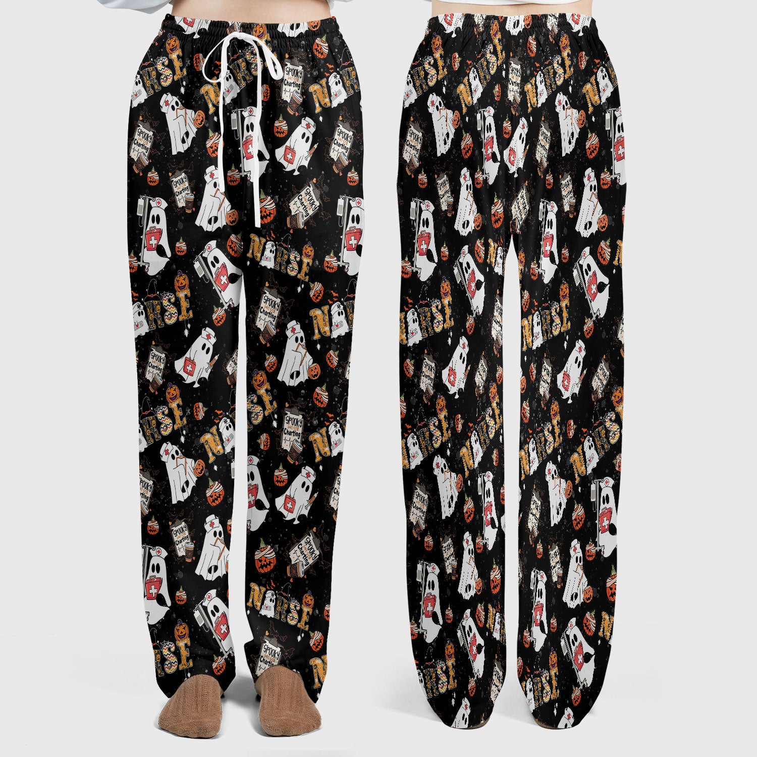 Halloween Women's Scrub Sets - Spooky But Still Charting - Funny Scrubs for Nurses - Horror Pumpkin Scrub Pants and V Neck Top