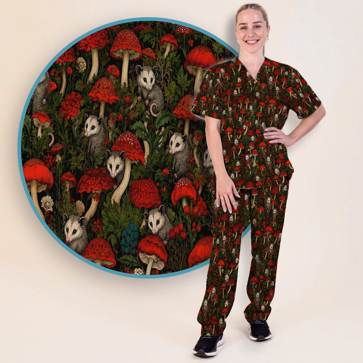 Woodland Opossum Red Mushroom Pattern Scrub Set, Scrub Pants and V Neck Top