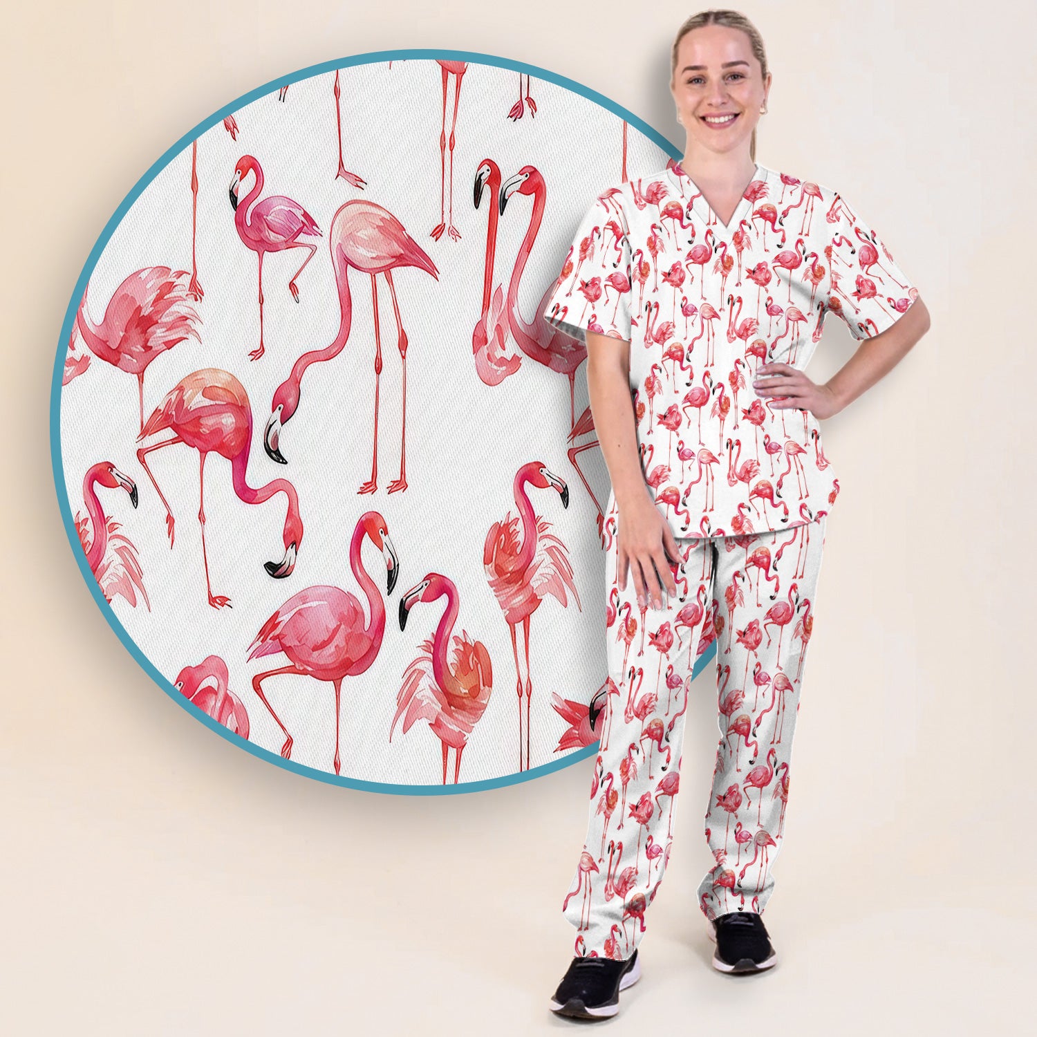 Pink Flamingo Tropical Bird Pattern Nurse Scrub Set, Scrub Pants and V Neck Top