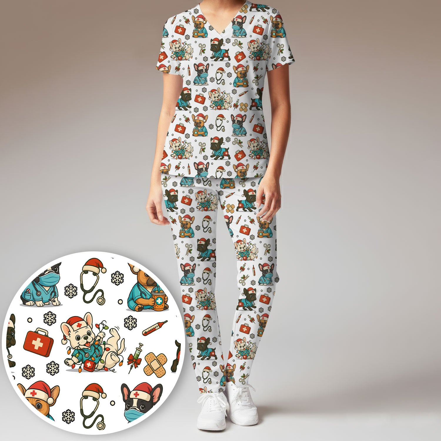Christmas Dog Nurse Scrub Set for Women - Cute French Bulldog Pattern Scrub Top and Pants - Funny Holiday Nursing Outfit Gift for RN LPN CNA