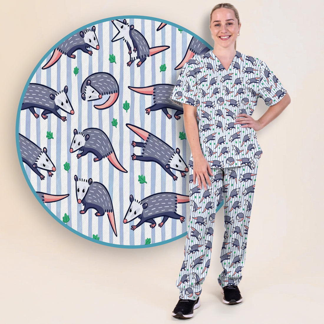 Cute Opossum Blue Stripe Pattern Scrub Set, Scrub Pants and V Neck Top