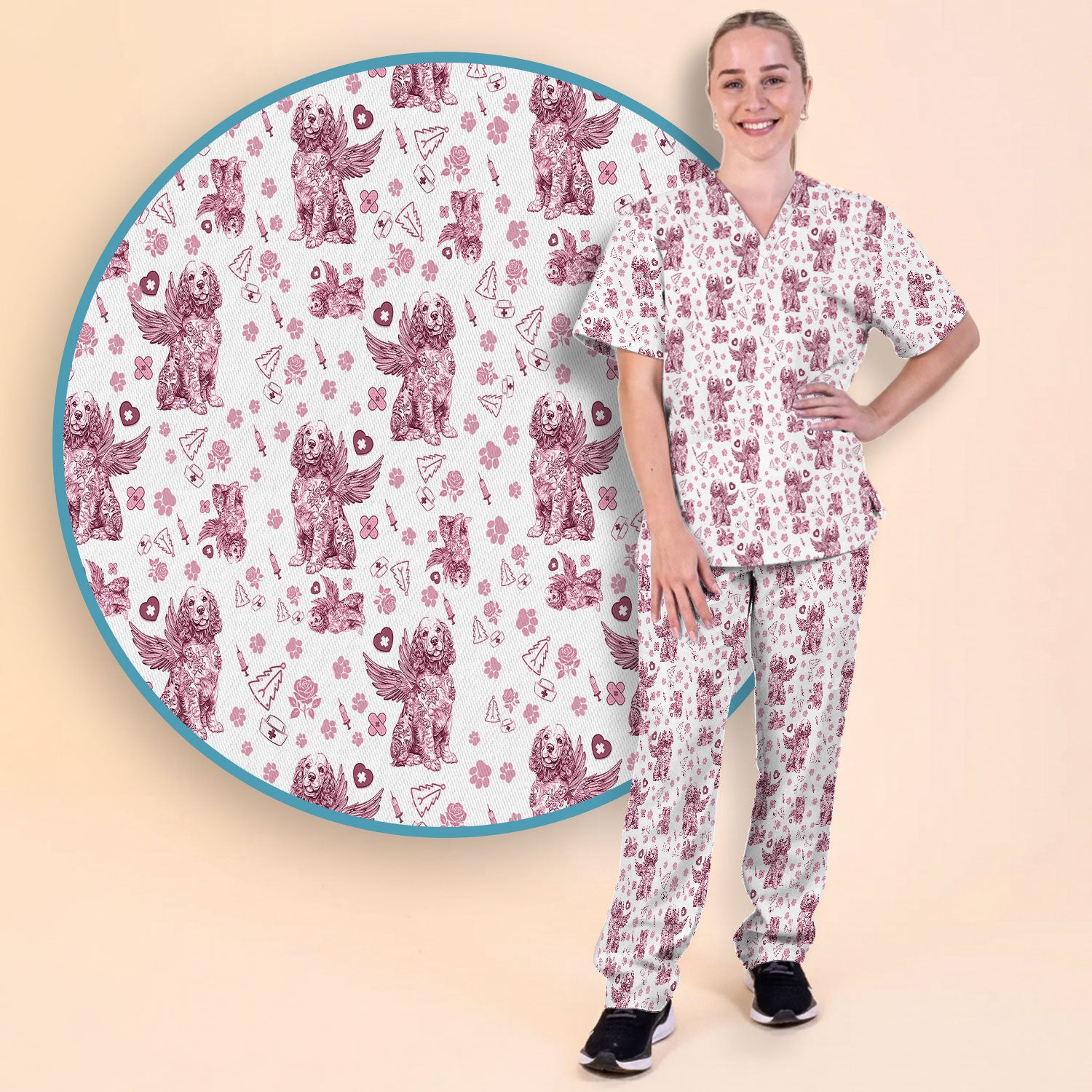 Toile De Jouy Scrub Set for Nurses - Angel Puppy Medical Uniform - Floral Dog in Heaven Gift for Women, Vet Techs, RN CNA LPN
