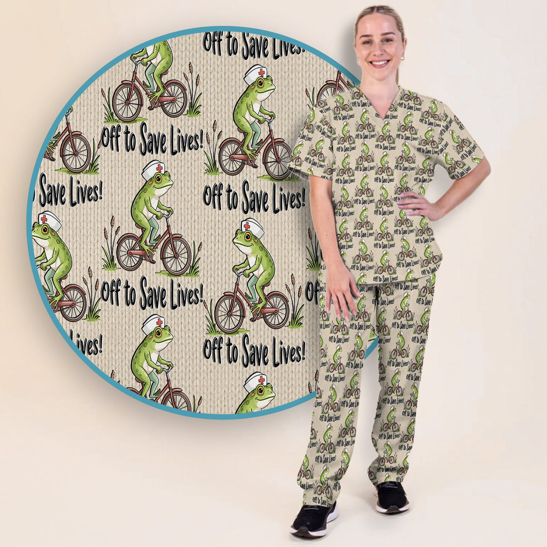 Nurse Frog Riding Bicycle Pattern Scrub Top, Breathable Fabrics Nursing Uniform Scrub Set, Scrub Pants and V Neck Top