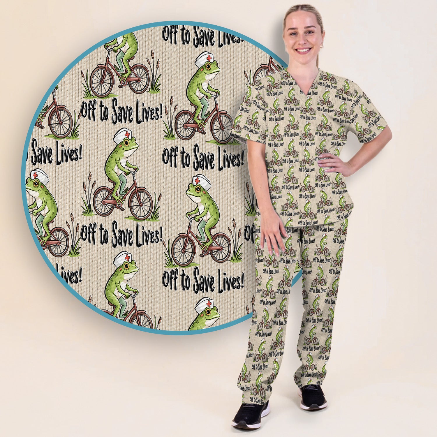 Nurse Frog Riding Bicycle Pattern Scrub Top, Breathable Fabrics Nursing Uniform Scrub Set, Scrub Pants and V Neck Top
