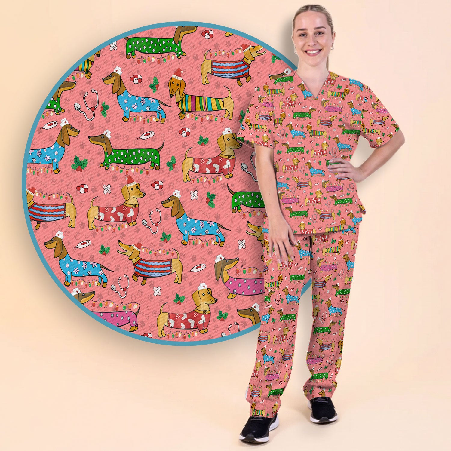 Christmas Scrub Set for Women - Funny Dachshund Scrubs Pants and V Neck Top - Cute Holiday Medical Uniform Gift for RN LPN CNA
