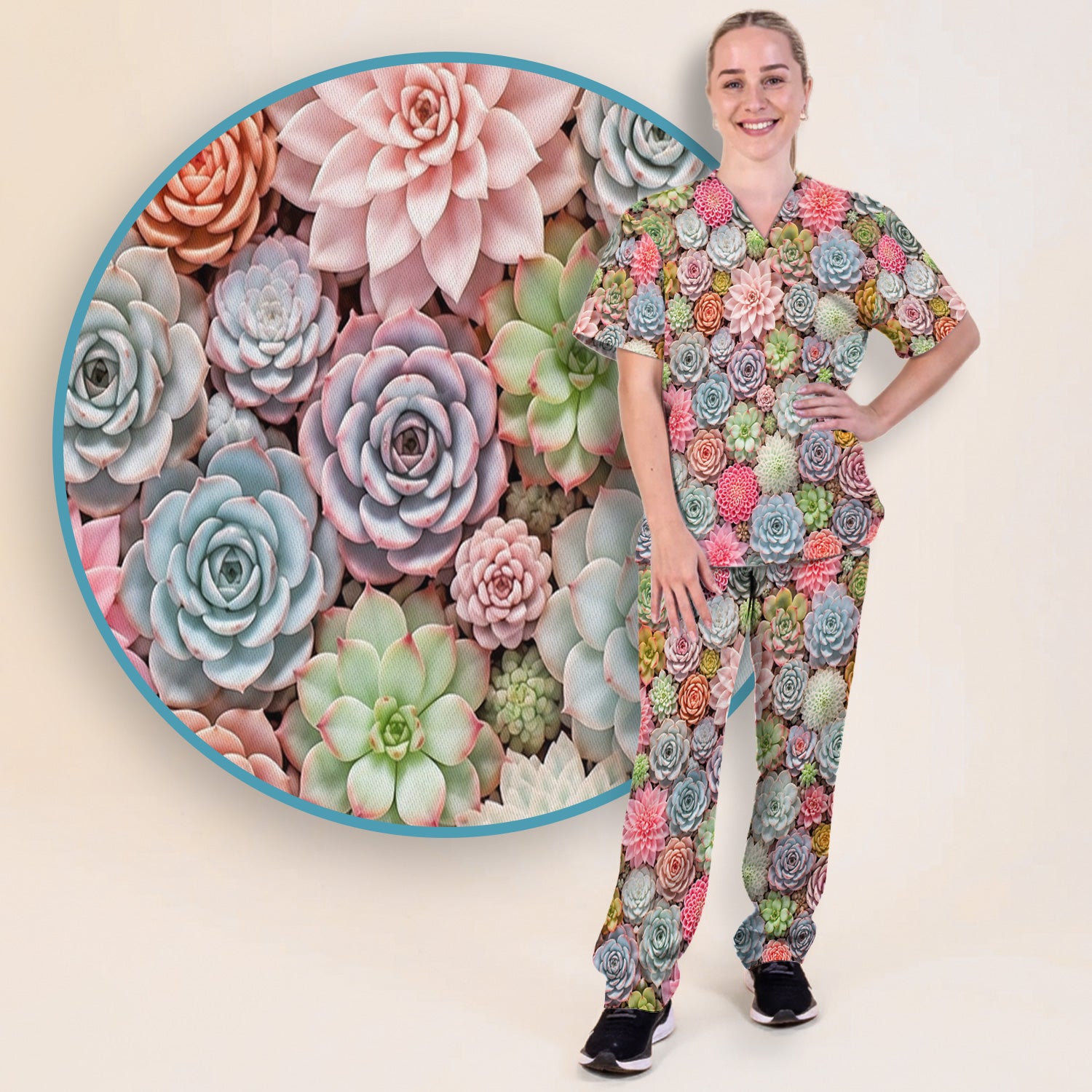 Cute Pastel Succulent Blossom Pattern Scrub Set, Scrub Pants and V Neck Top