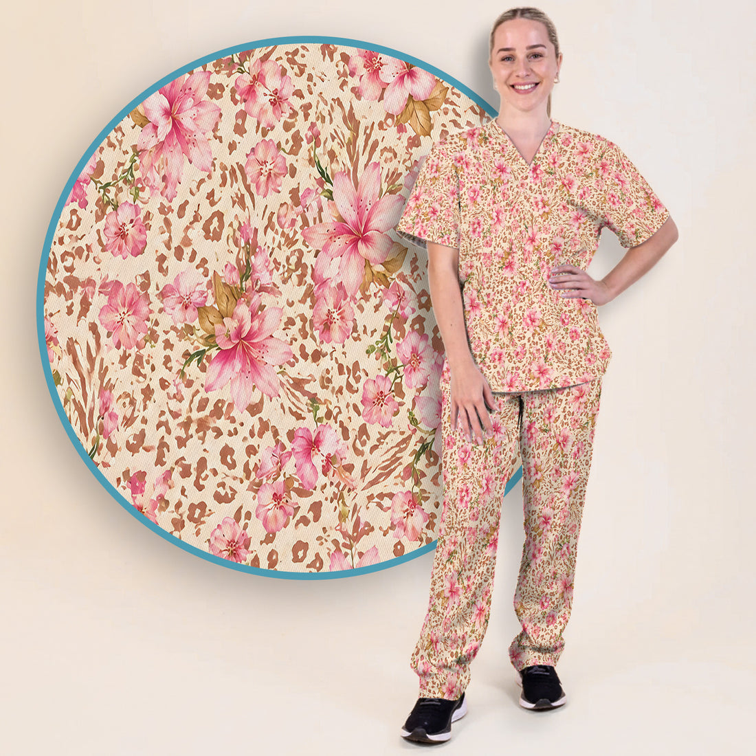 Pink Floral Leopard Print Pattern Scrub Set, Scrub Pants and V Neck Top