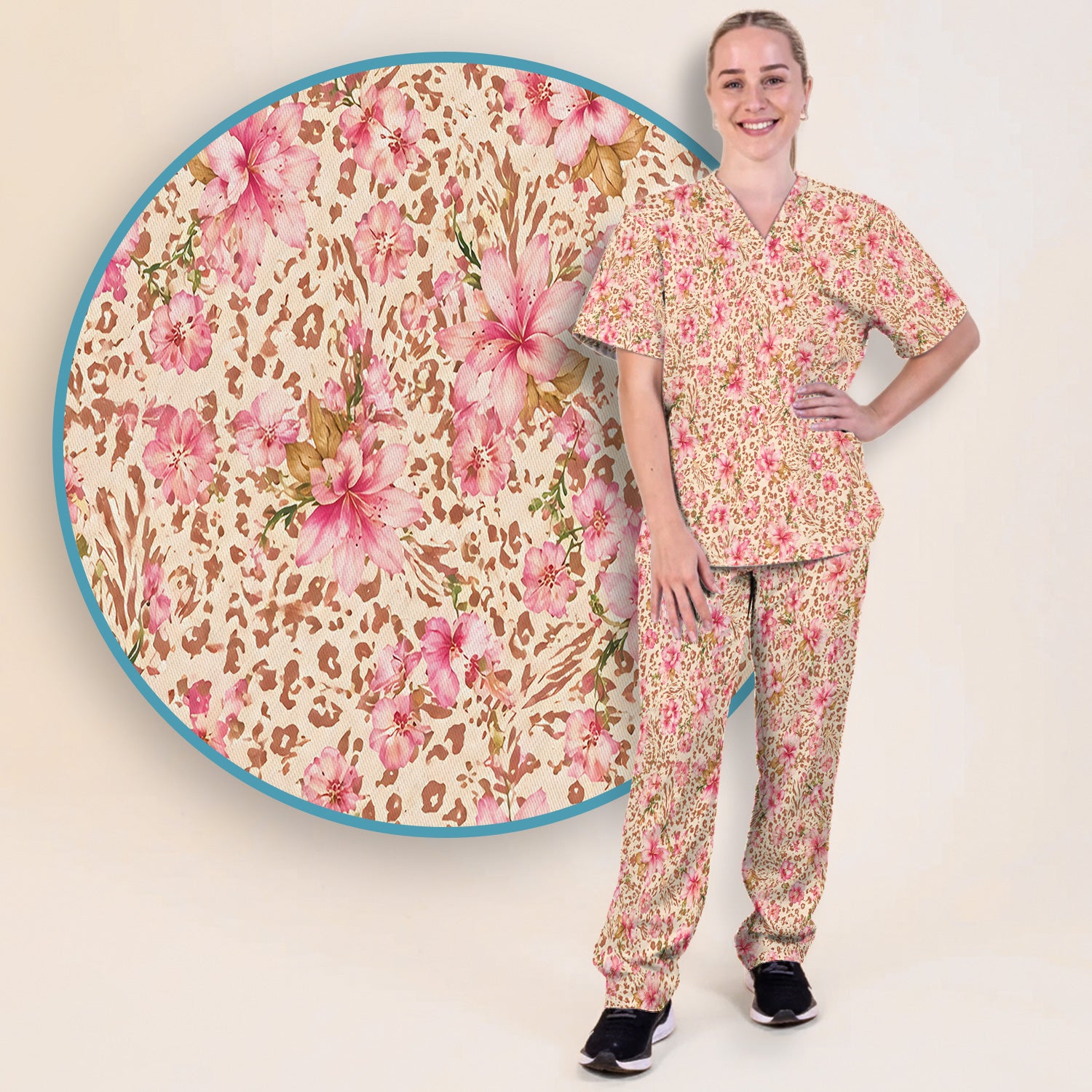 Pink Floral Leopard Print Pattern Scrub Set, Scrub Pants and V Neck Top