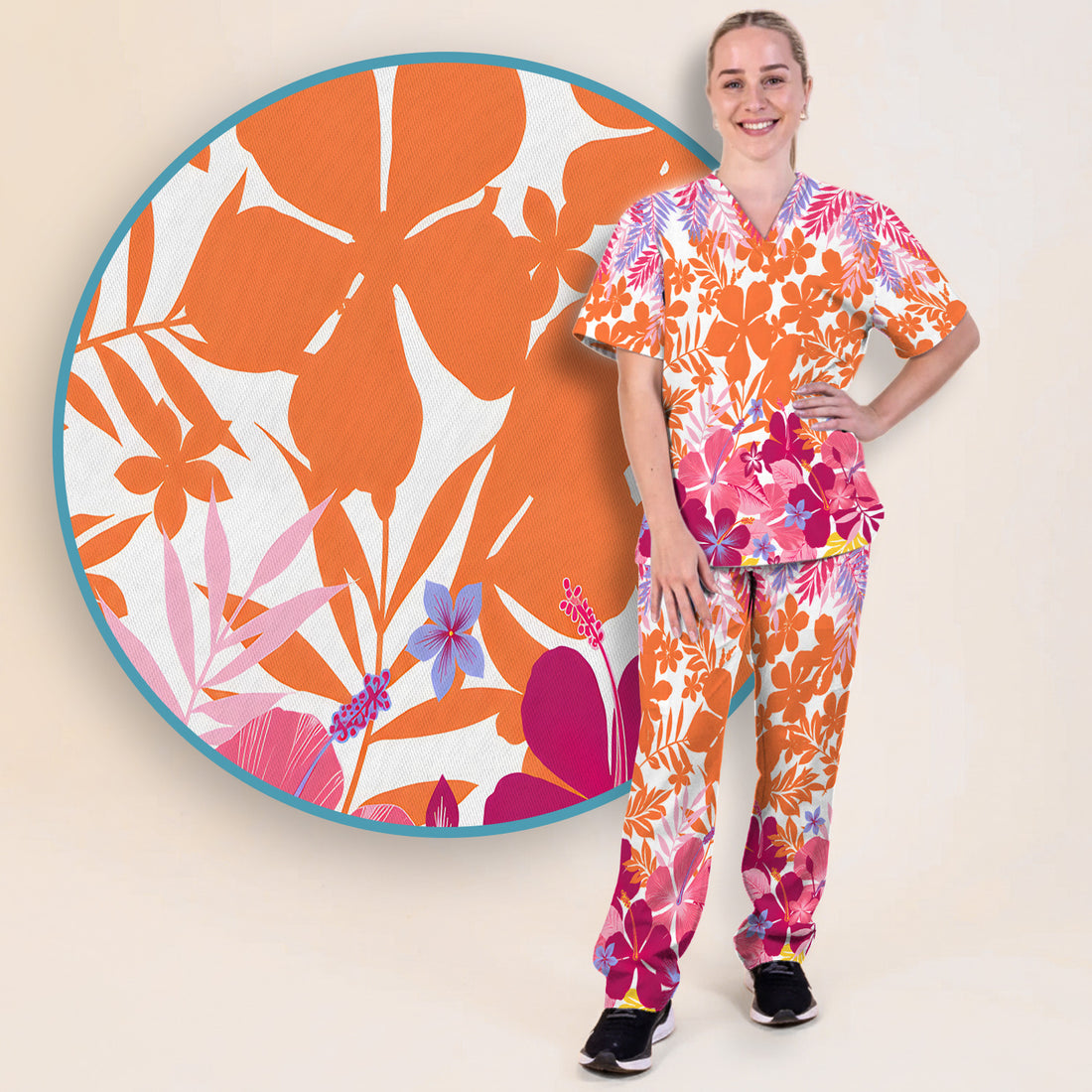 Cheerful Tropical Hibiscus Bloom Pattern Scrub Set, Scrub Pants and V Neck Top