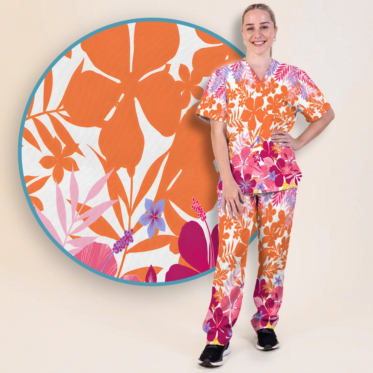 Cheerful Tropical Hibiscus Bloom Pattern Scrub Set, Scrub Pants and V Neck Top