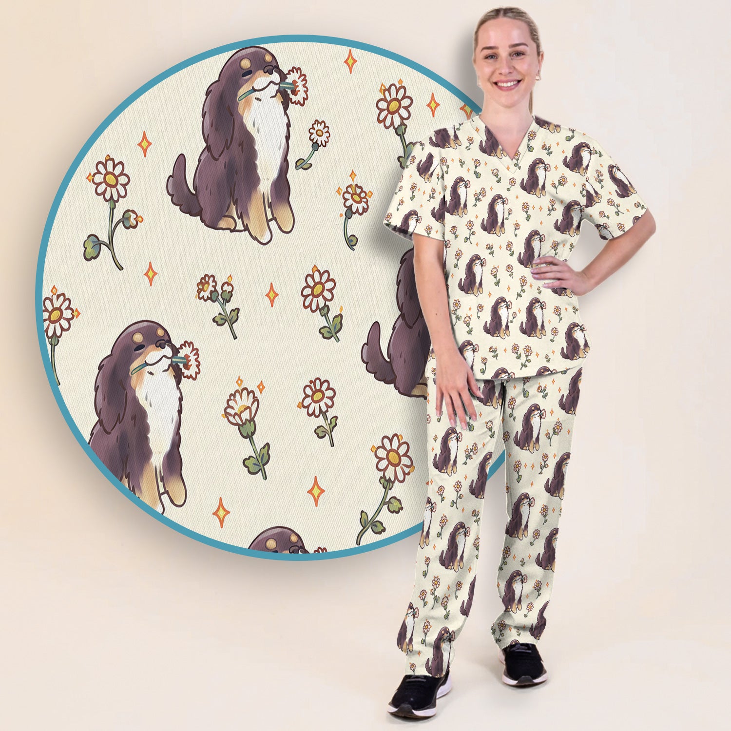 Cute Floral Otter Holding Daisy Pattern Scrub Set, Scrub Pants and V Neck Top