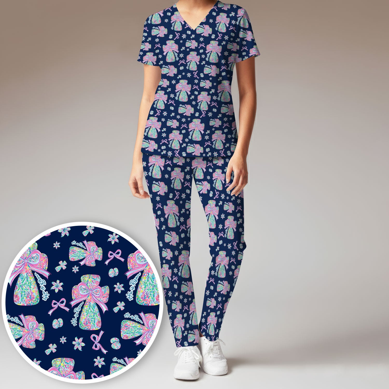 Colorful Bow Pattern Women's Scrub Sets, Breathable Med Uniform
