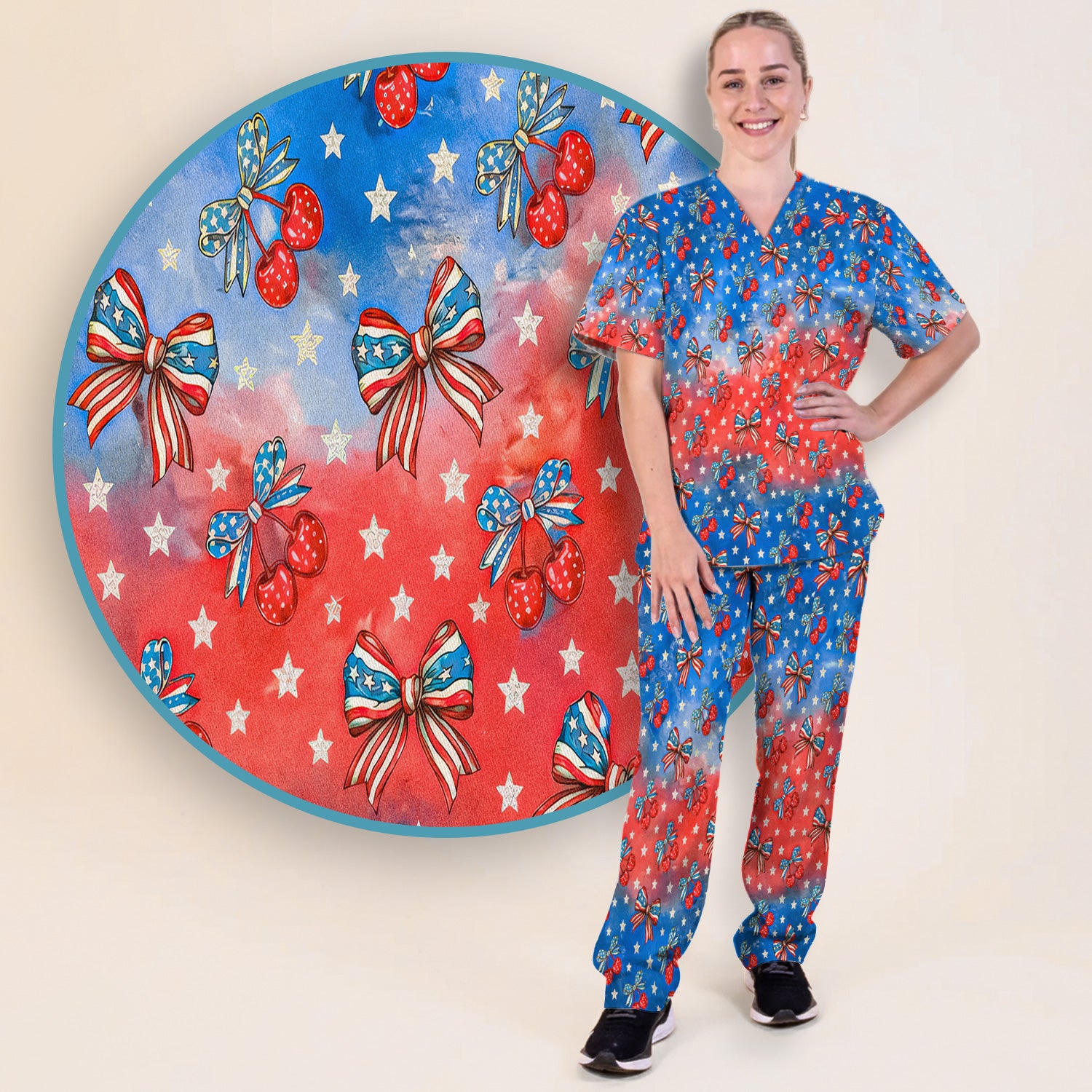 Festive Patriotic Star Bow Cherry Pattern Scrub Set, Scrub Pants and V Neck Top