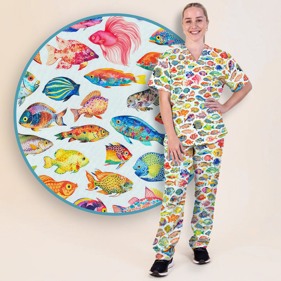 Colorful Tropical Fish Pattern Scrub Set, Scrub Pants and V Neck Top