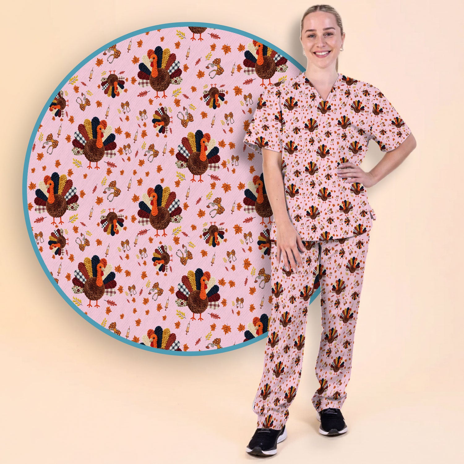 Funny Thanksgiving Nurse Scrub Sets - Fall Leaves and Pumpkin Scrub Pants and V Neck Top - Autumn Turkey Med Uniform