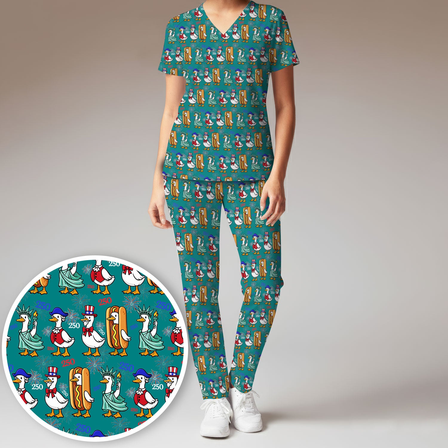 Patriotic Duck Independence Day Pattern Scrub Set, Scrub Pants and V Neck Top