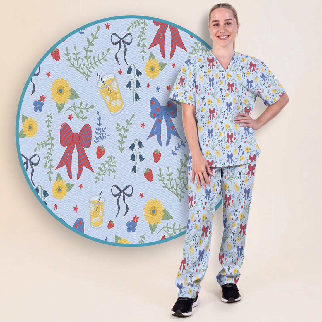 Sweet Summer Bow Nurse, Lemonade Floral Medical Scrub Set, Scrub Pants and V Neck Top