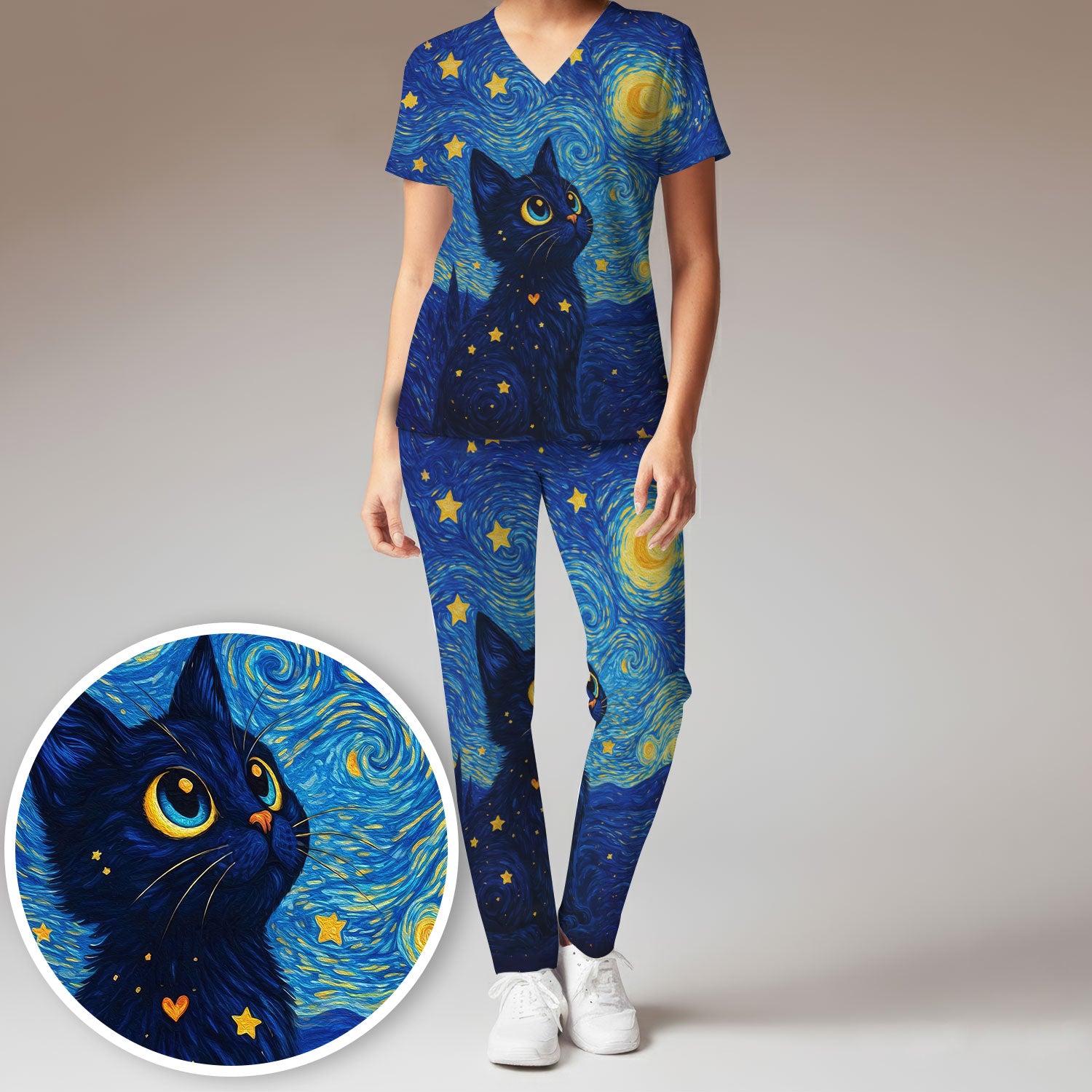 Black Cat Starry Night Pattern Scrub Set, Breathable Med Uniform