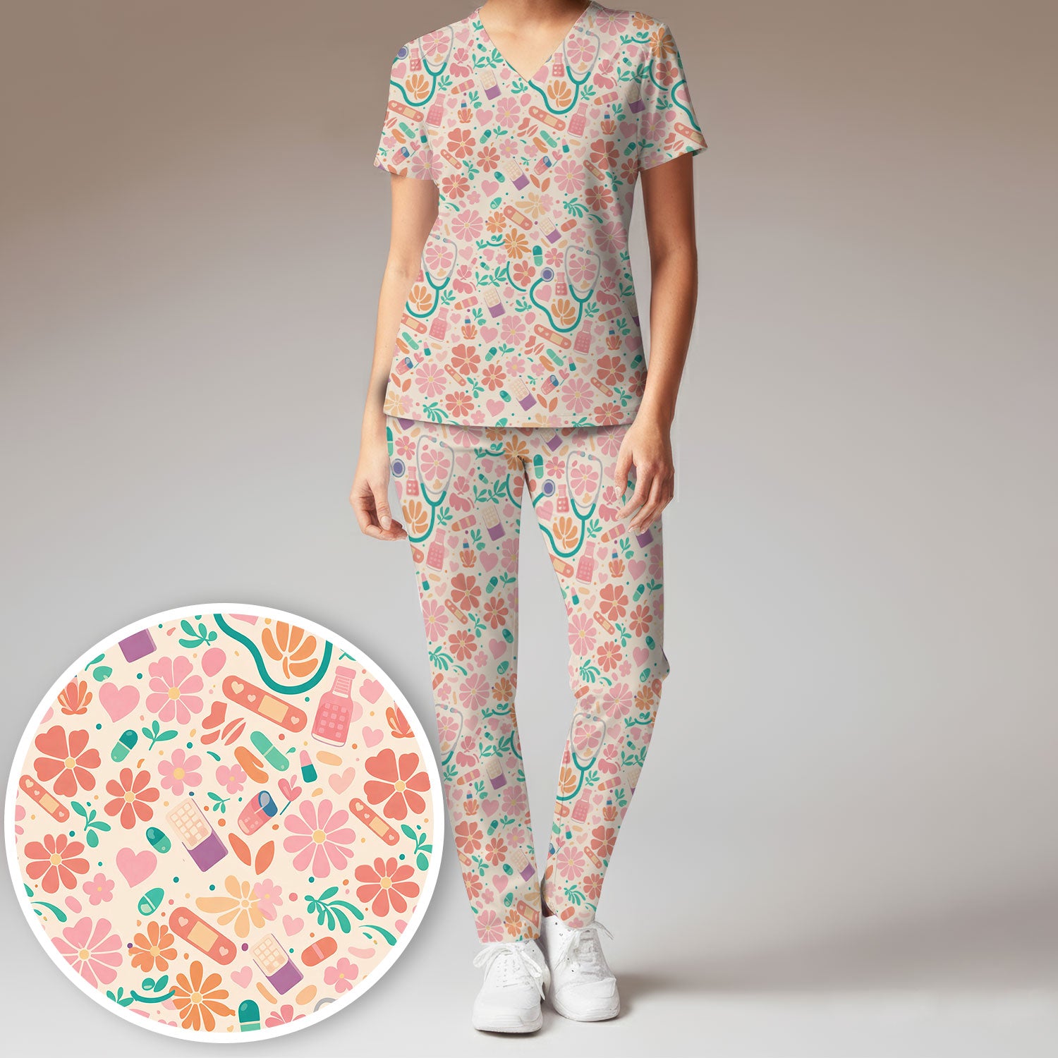 Cute Medical Floral Pattern Scrub Set, Scrub Pants and V Neck Top