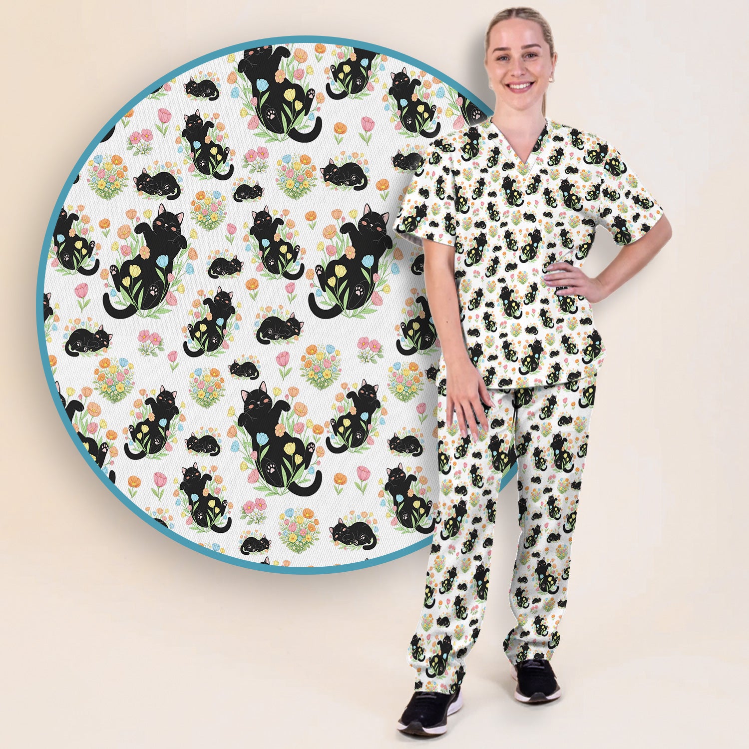 Cats With Cute Poses Floral Pattern Scrubs Sets, Scrub Pants and V Neck Top