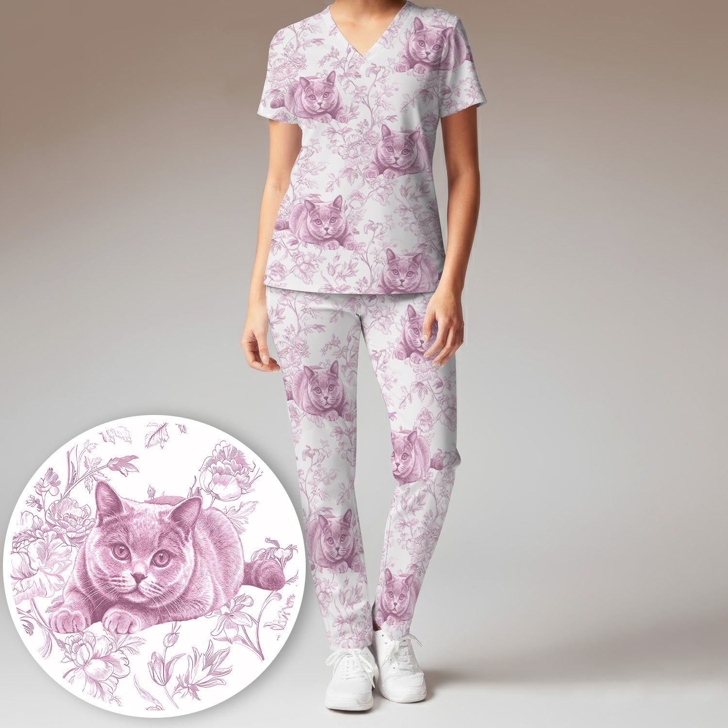 Custom Dog Cat Style Chinoiserie Pattern Scrubs Sets, Scrub Pants and V Neck Top