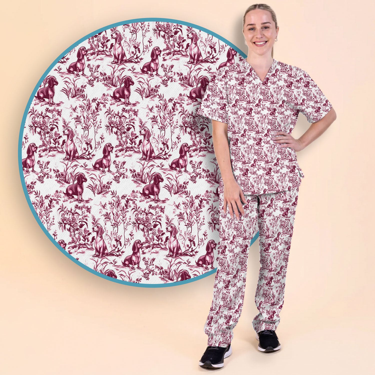 Toile de Jouy Dog Scrub Set – Elegant Blue Dachshund Pattern – Cute Medical Uniform for Nurses, Vets, and Animal Care Workers