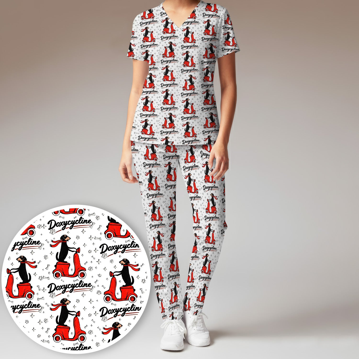 Funny Dachshund Riding Scooter Doxycycline Print Scrub Set, Breathable Med Uniform