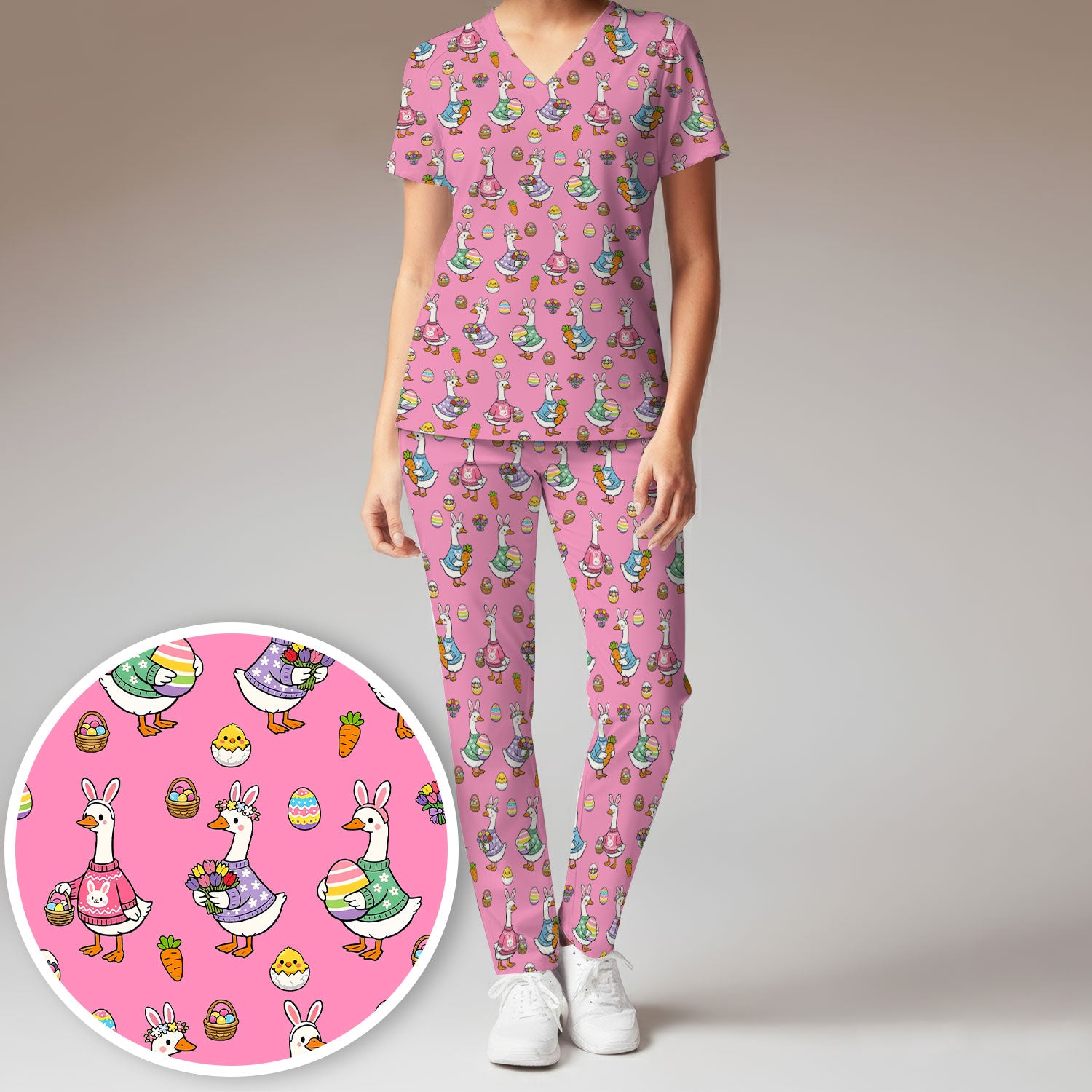 Cute Easter Goose Print Scrub Set, Breathable Med Uniform