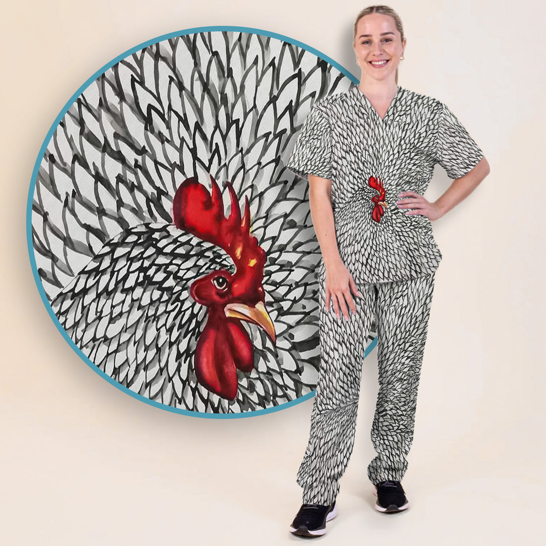 Watercolor Rooster Feather Pattern Scrub Set, Scrub Pants and V Neck Top