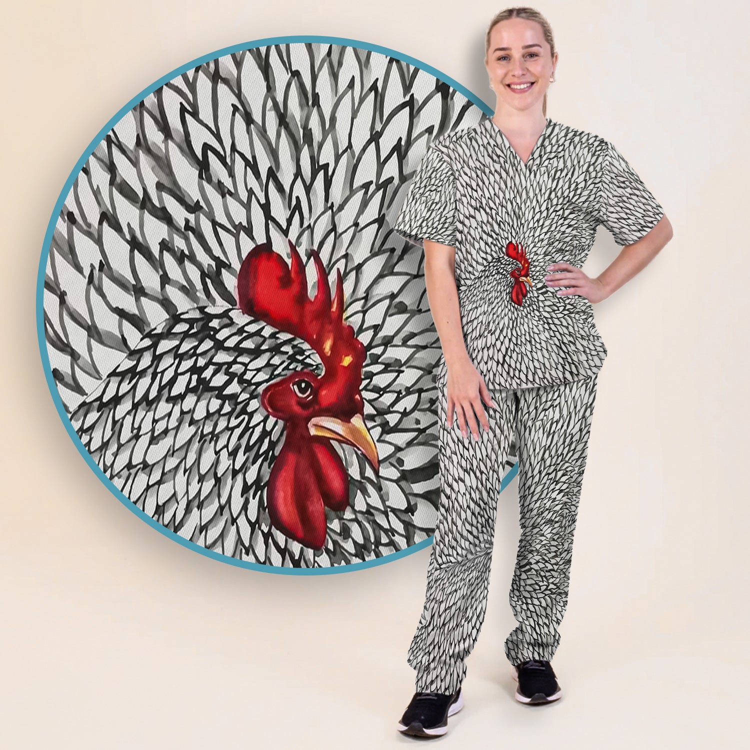 Watercolor Rooster Feather Pattern Scrub Set, Scrub Pants and V Neck Top