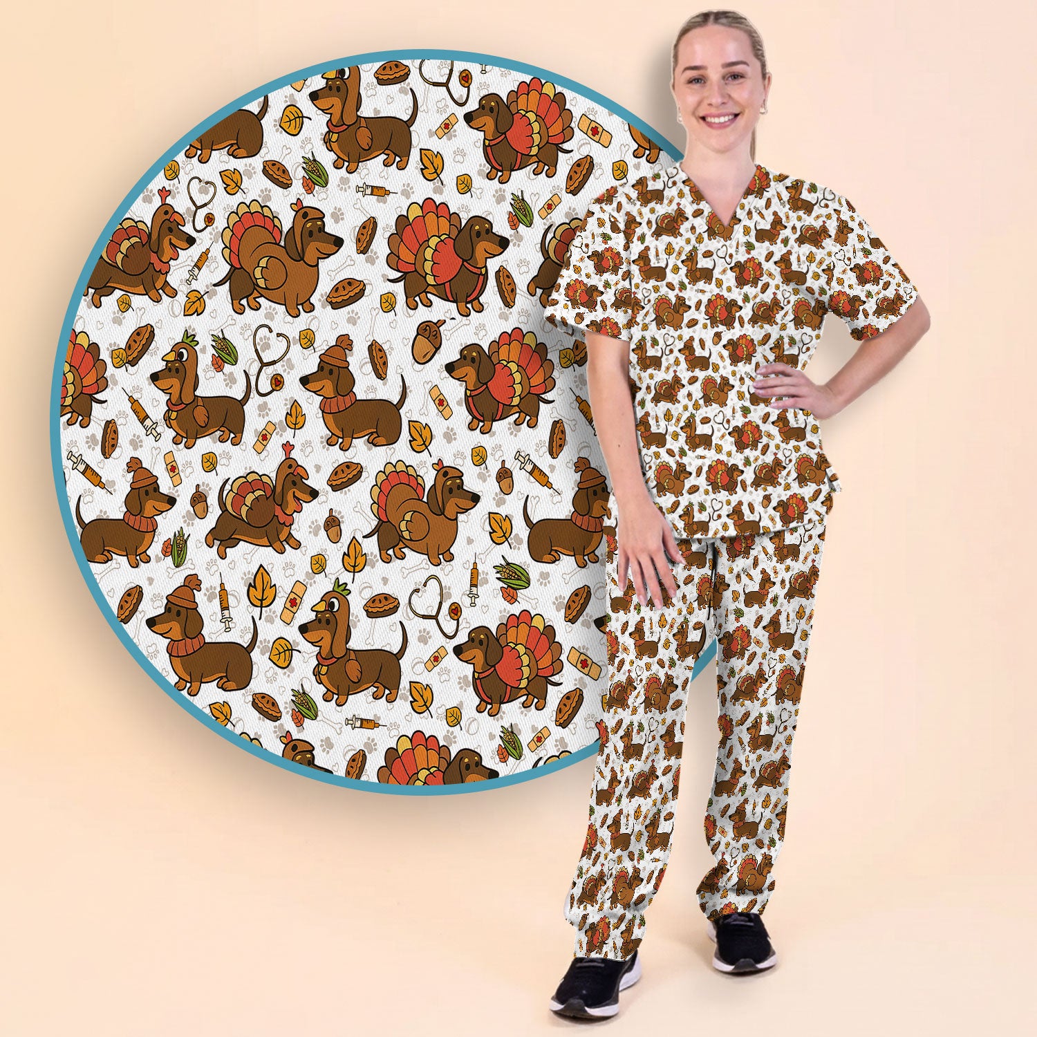 Thanksgiving Dachshund Scrubs Set - Cute Dog Turkey Medical Uniform for Nurses - Funny Holiday Gift for RN CNA LPN