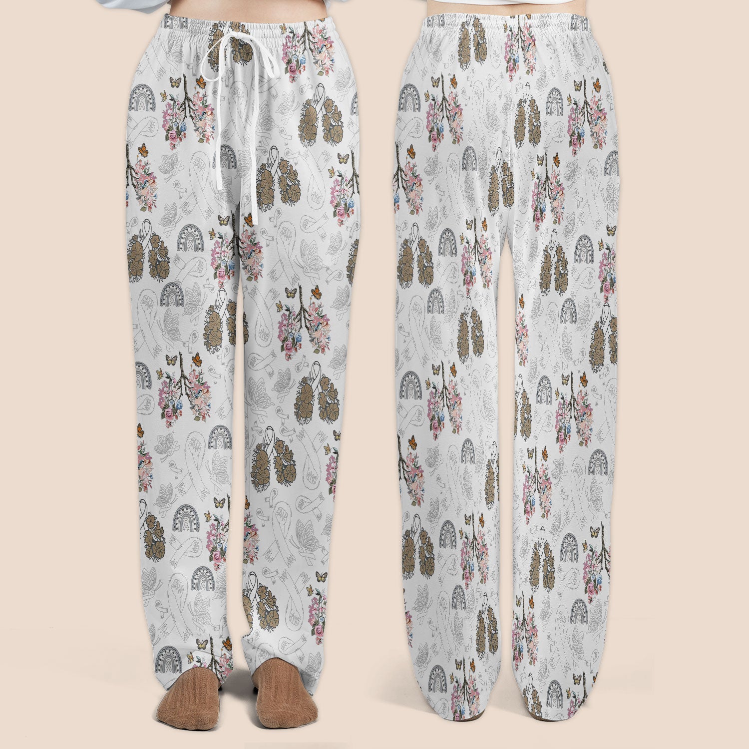 Lung Cancer Awareness Scrub Sets for Nurse - White Ribbon Butterfly Floral Scrub Pants and V Neck Top - Breathable Med Uniform for Women