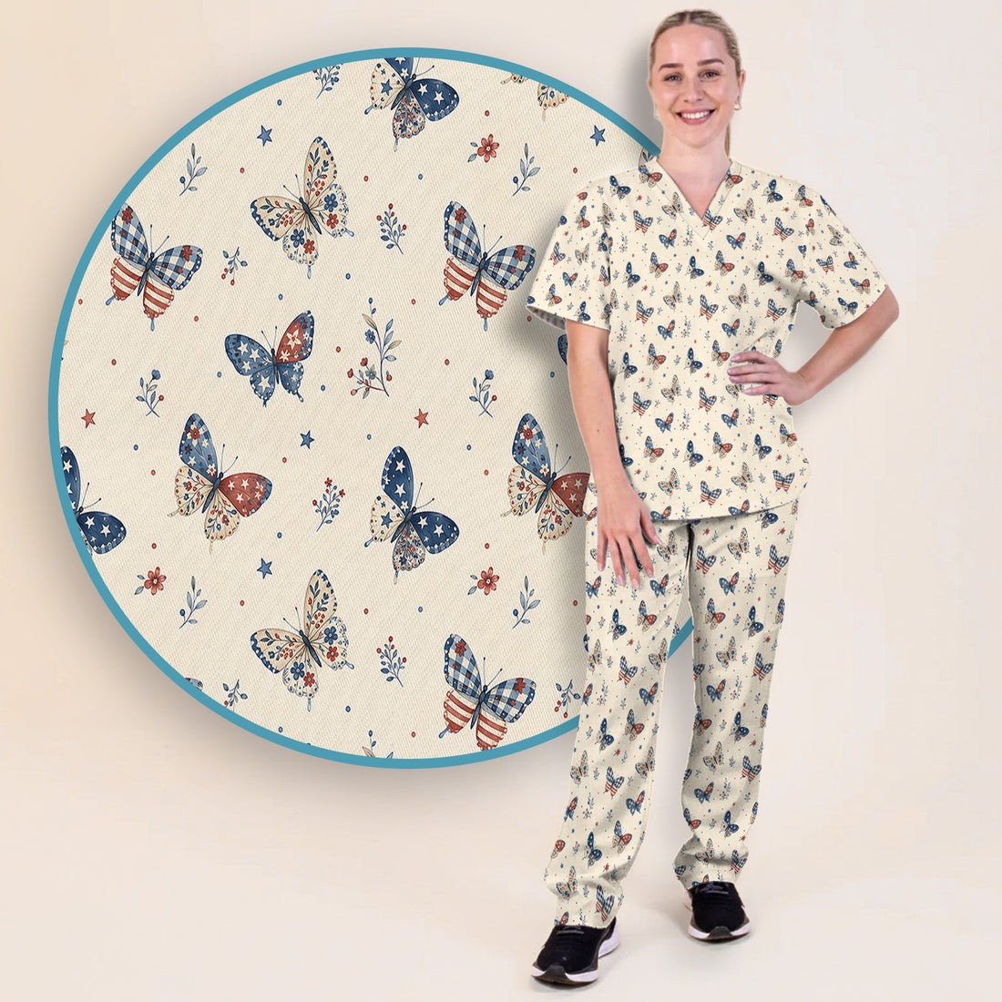 Fourth Of July Butterfly Print Scrub Set, Scrub Pants and V Neck Top