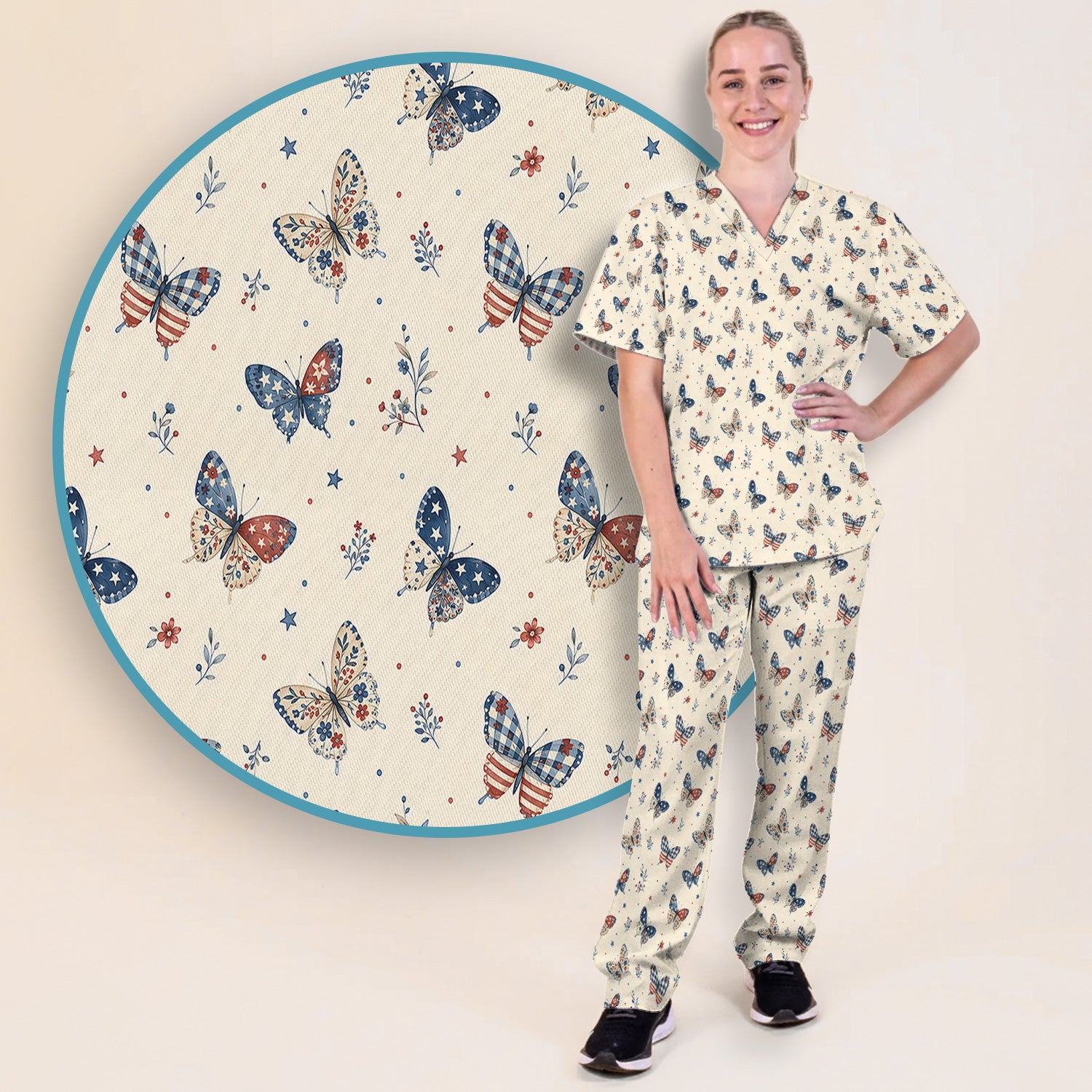 Fourth Of July Butterfly Print Scrub Set, Scrub Pants and V Neck Top