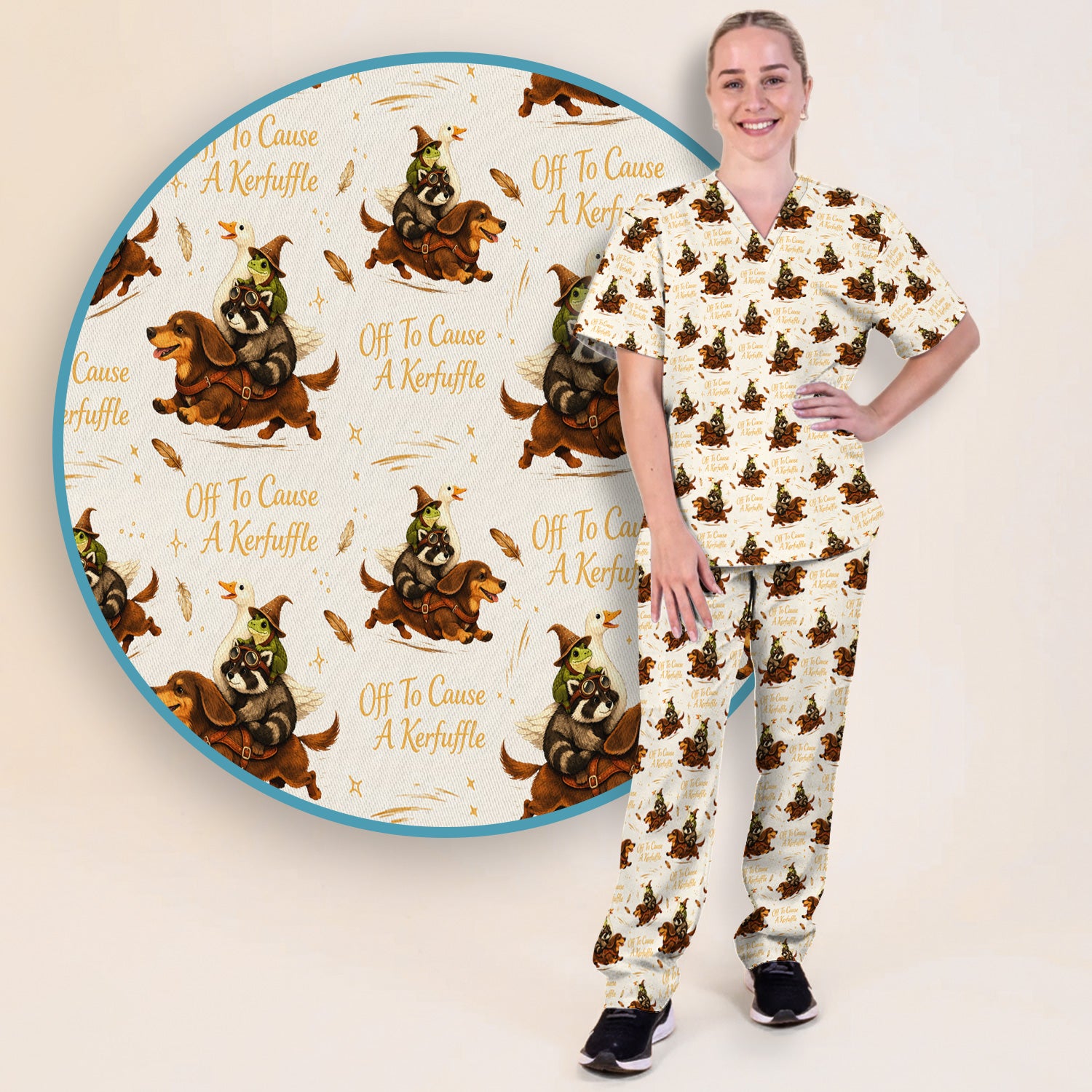 Funny Halloween Off To Cause A Kerfuffle Pattern Scrub Set, Scrub Pants and V Neck Top