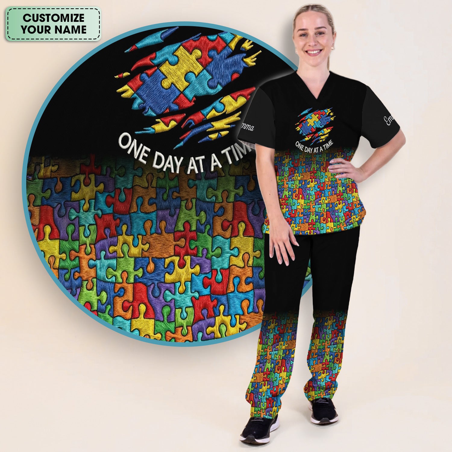 Personalized Autism Puzzle One Day At A Time Scrub Set, Scrub Pants and V Neck Top