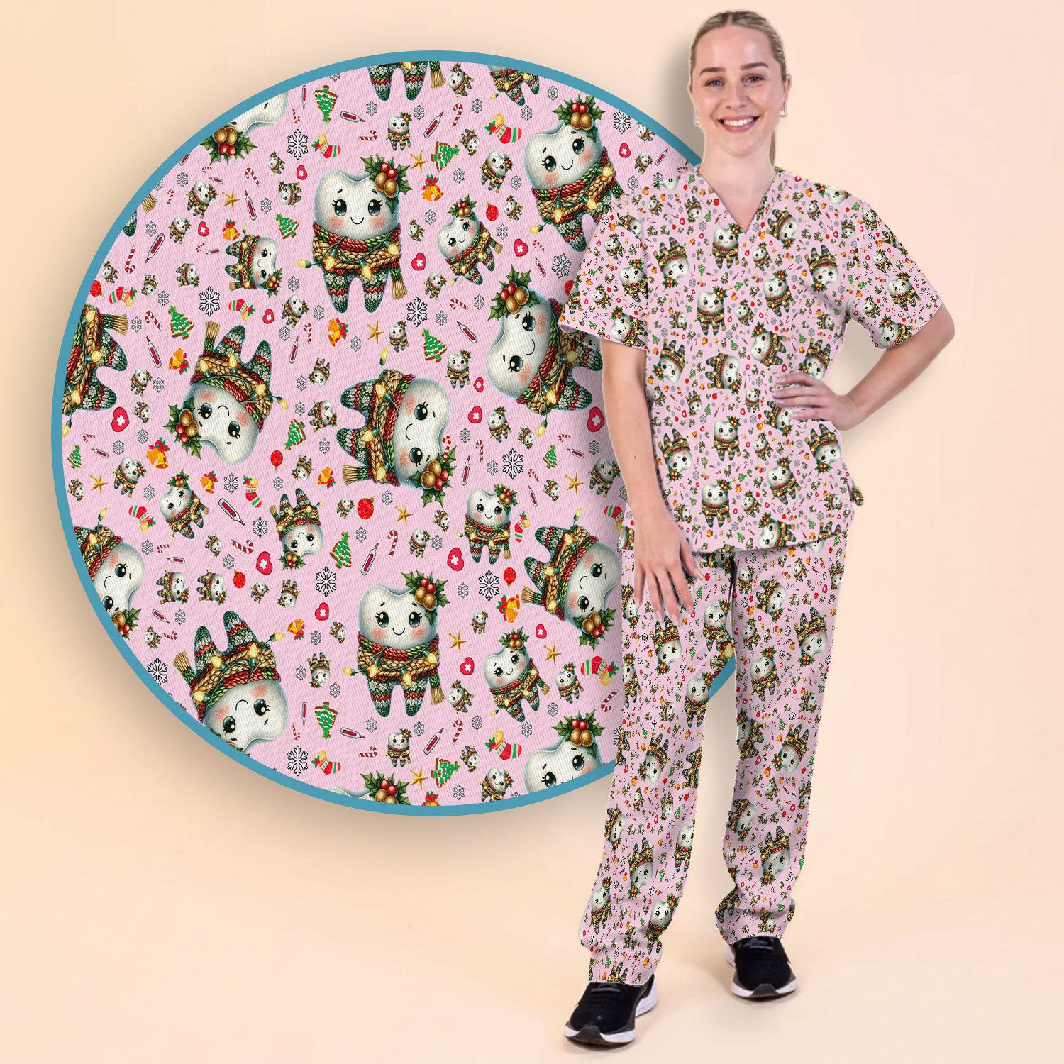 Funny Dental Christmas Scrub Set, Cute Christmas Tooth Print Scrubs Pants, Holiday Medical Uniform For Dentists and Hygienists