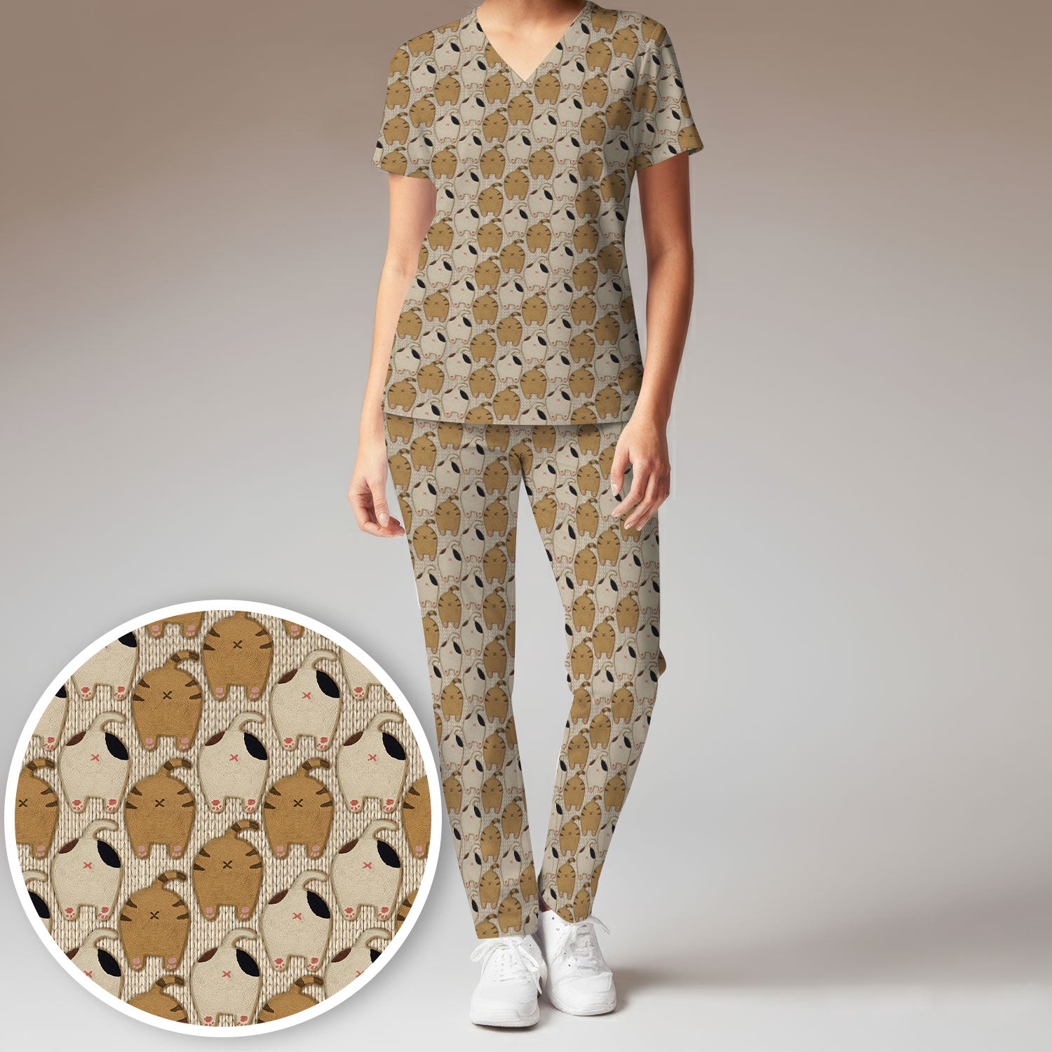 Cute Cat Nurse Scrub Set, Cozy Minimal Animal Pattern Medical Shirt, Breathable Fabrics Nursing Uniform