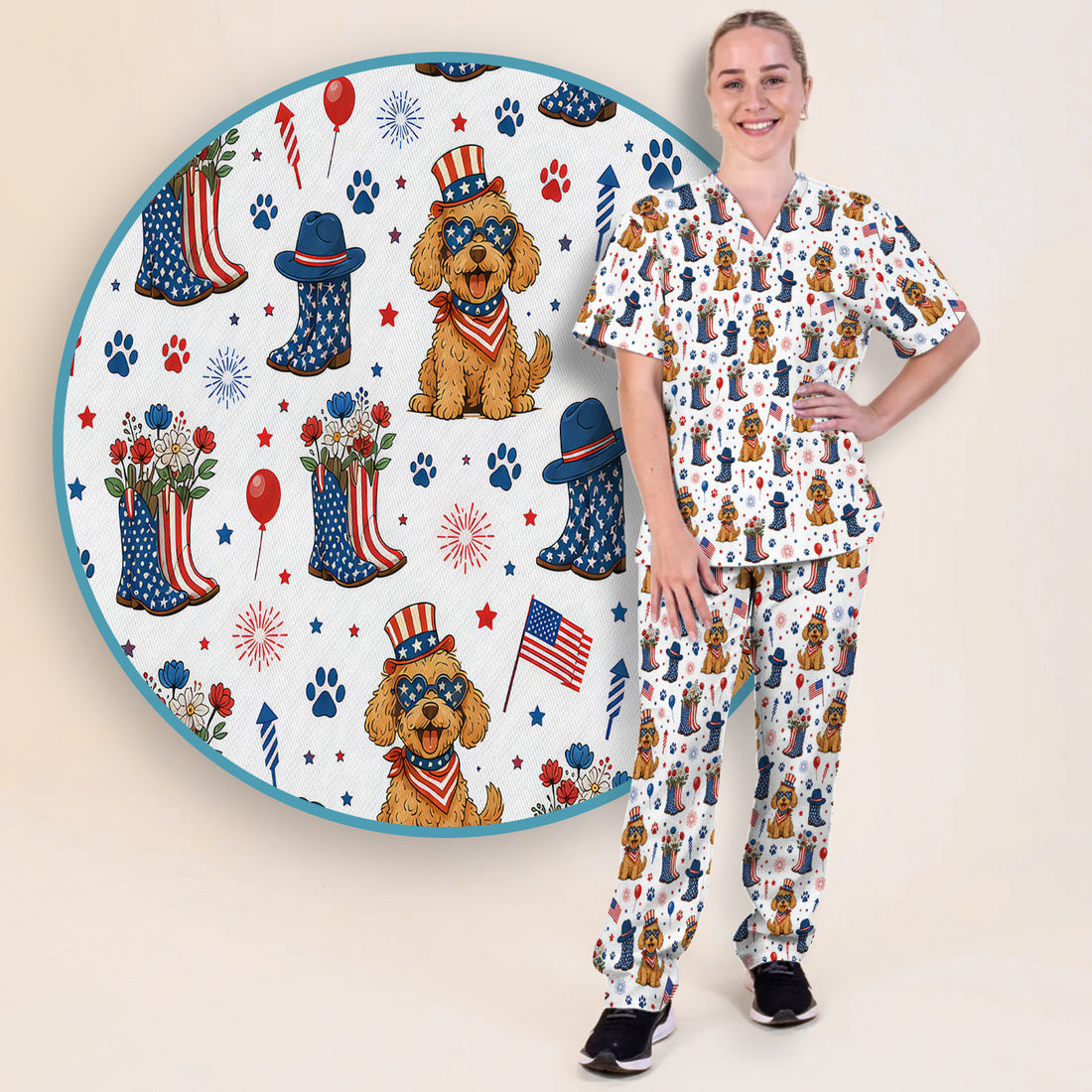 Patriotic Puppy Cowboy Boots Pattern Scrub Set, Scrub Pants and V Neck Top