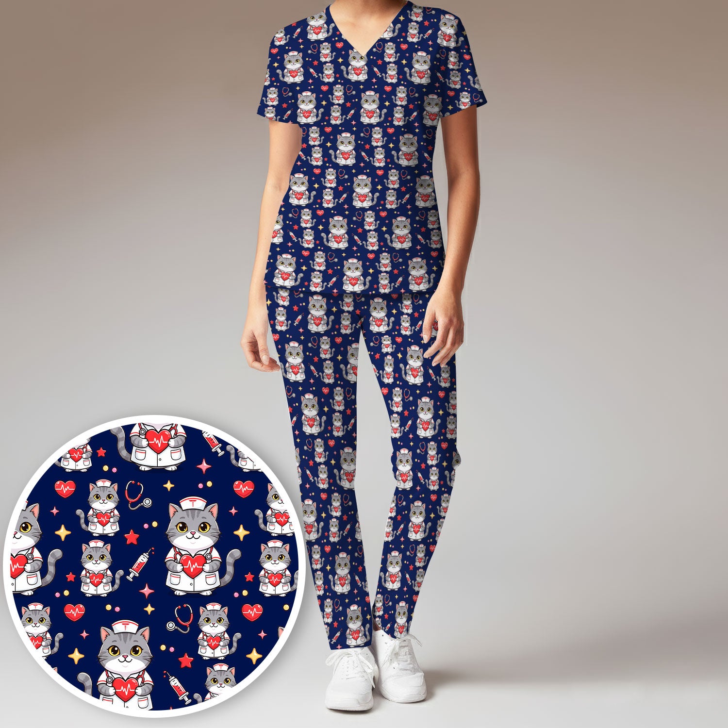 Cute Nurse Cat Heart Medical Print Scrub Set, Scrub Pants and V Neck Top