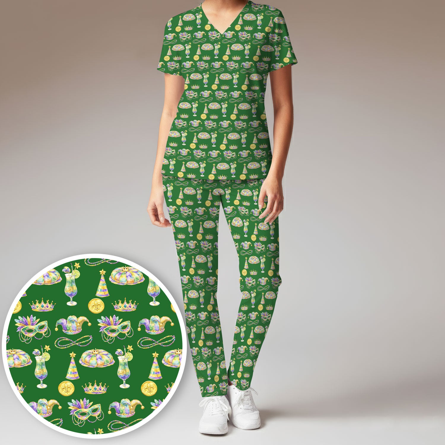 Mardi Gras Mask Scrub Set, Elegant Carnival Pattern Nurse Shirt For Women, Breathable Fabrics Nursing Uniform