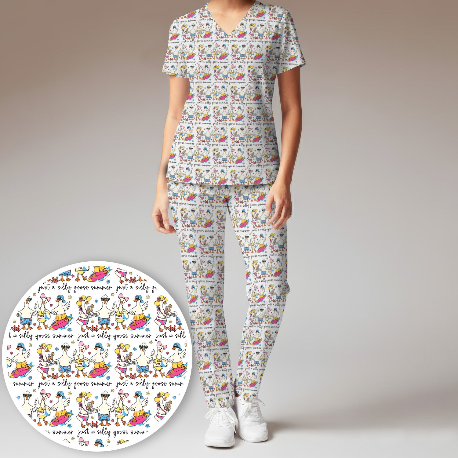Funny Goose Summer Beach Pattern Scrub Set, Scrub Pants and V Neck Top