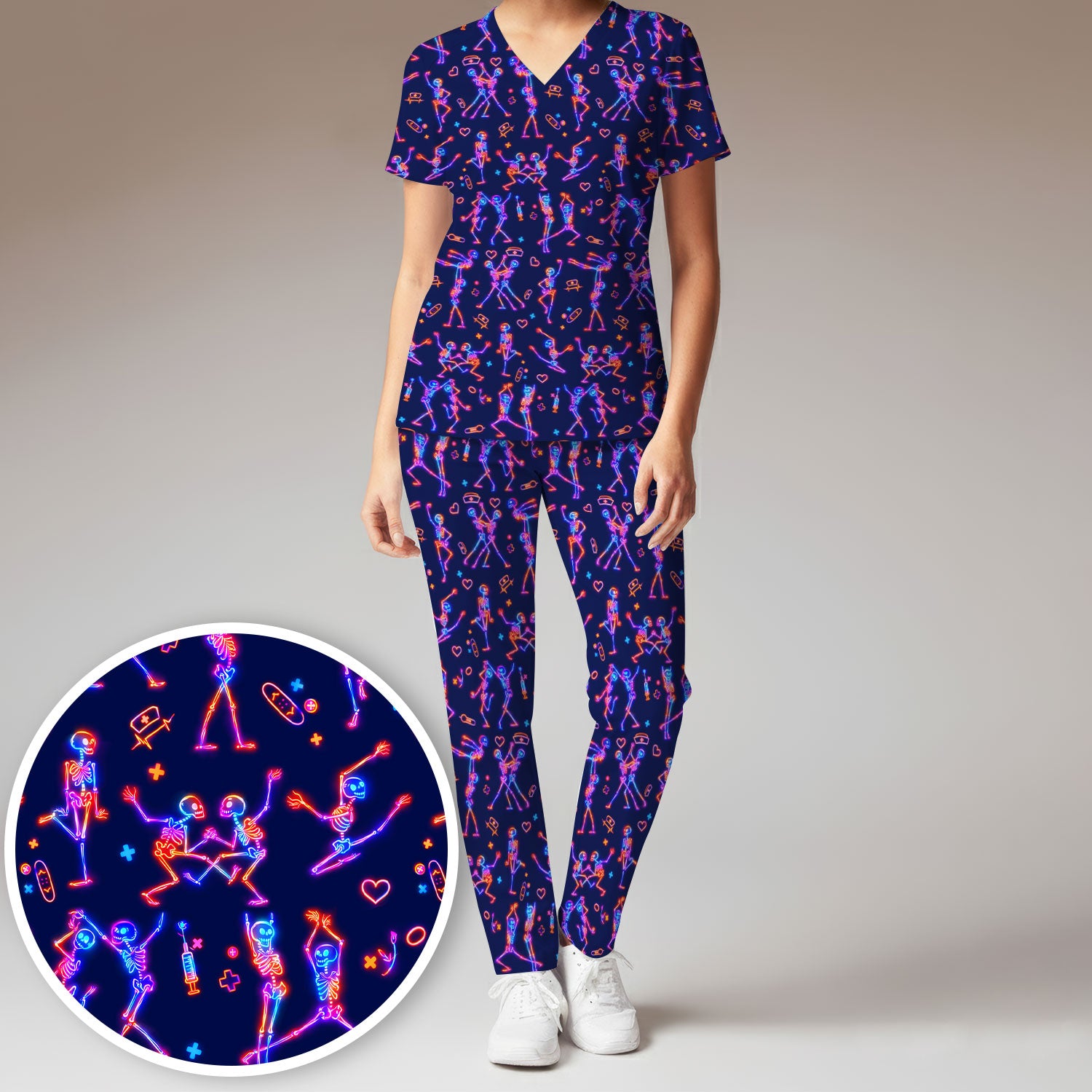 Neon Dancing Skeleton Medical Pattern Set, Scrub Pants and V Neck Top