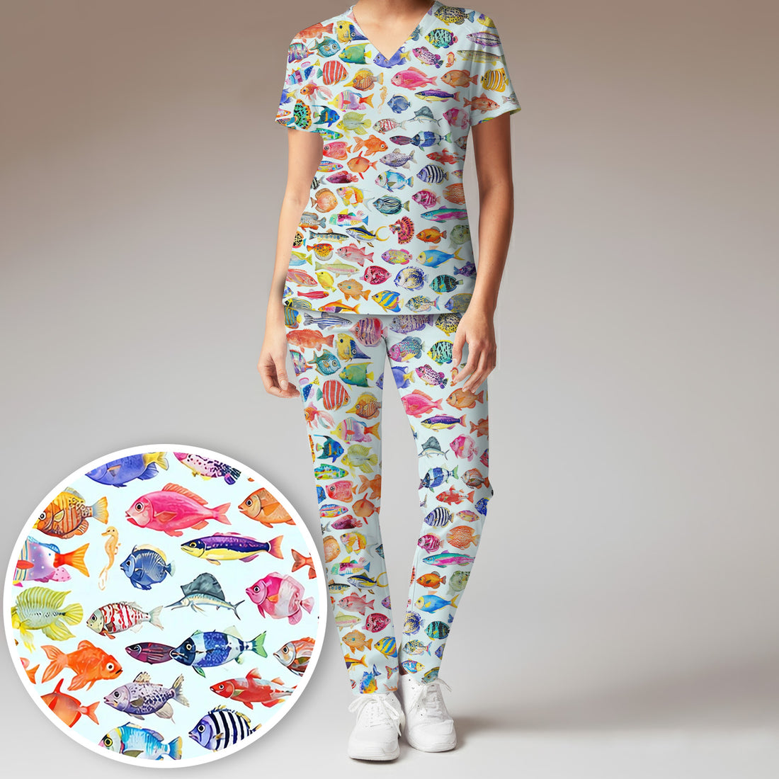 Colorful Tropical Fish Print Scrub Set, Scrub Pants and V Neck Top