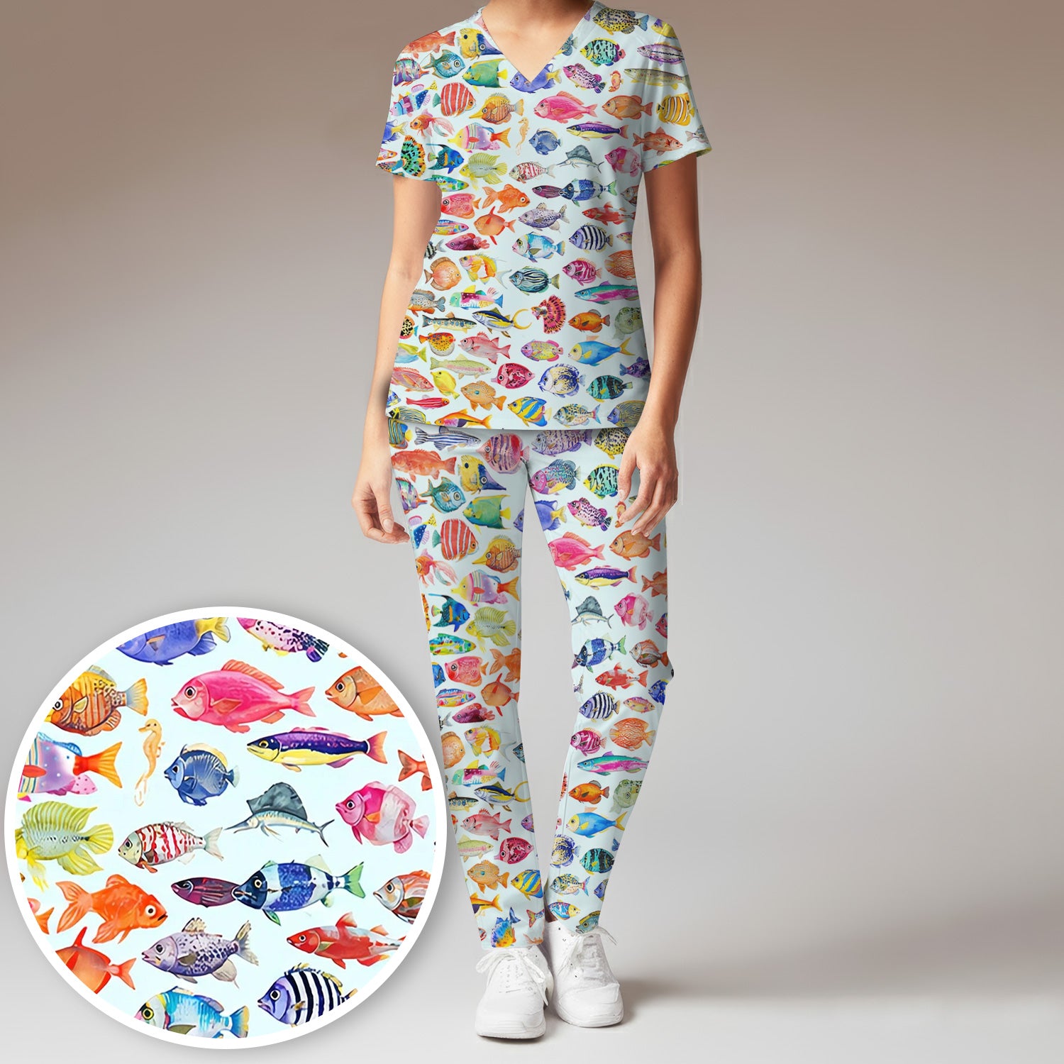 Colorful Tropical Fish Print Scrub Set, Scrub Pants and V Neck Top