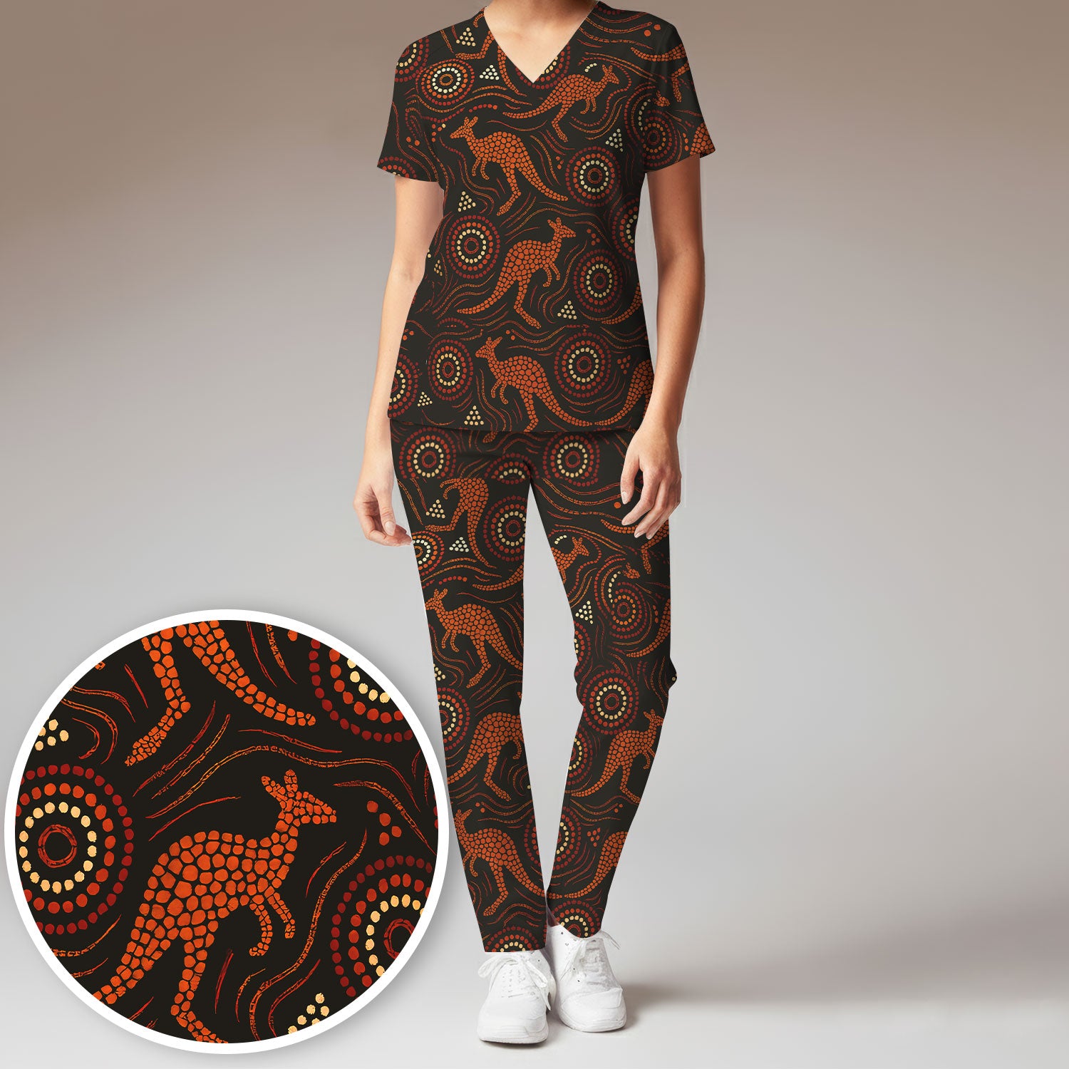 Australian Indigenous Medical Pattern Shirt, Aboriginal Dot Art Kangaroo Nurse Scrub Set,  Breathable Fabrics Nursing Uniform